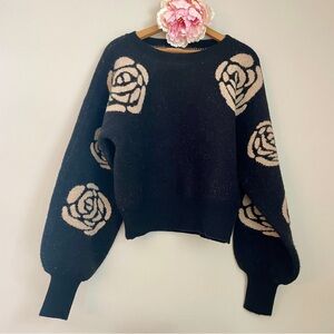 Promesa Black and Cream Rose Sweater Puff Sleeves Medium UTB0323